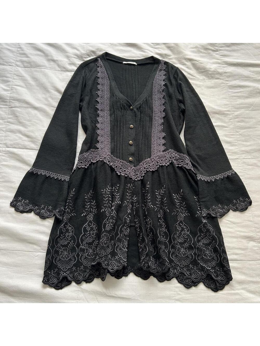 Axes Femme Black Floral Embroidered Lace Bell Sleeve Cardigan M Japan